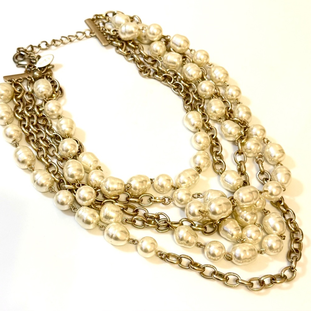 Chico's Faux Pearl Gold Chain Layered Statement Necklace - Picture 3 of 7